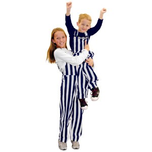 two youths wearing navy and white striped bib overalls